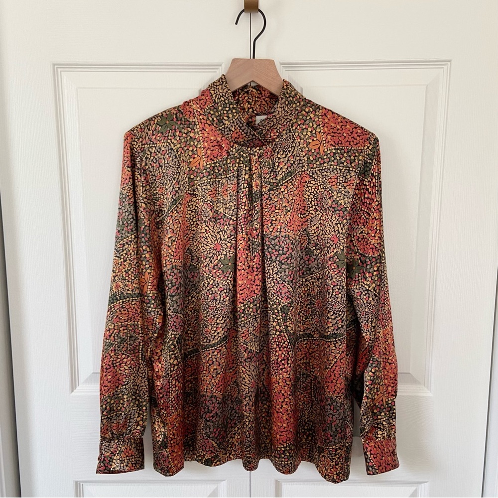 Vintage Multicolored Silky Pleated Front High Neck Blouse Women's Size 14